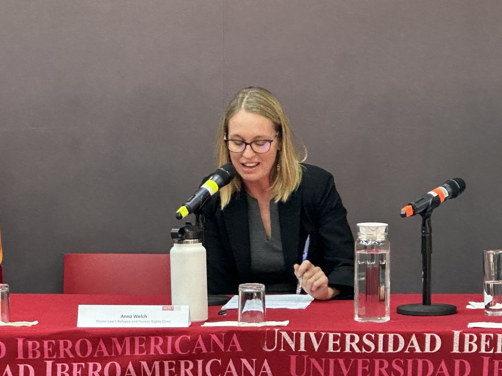 Anna Welch, RHRC director, delivers a talk at IBEROAMERICANA University during a conference sponsored by the UNHCR.