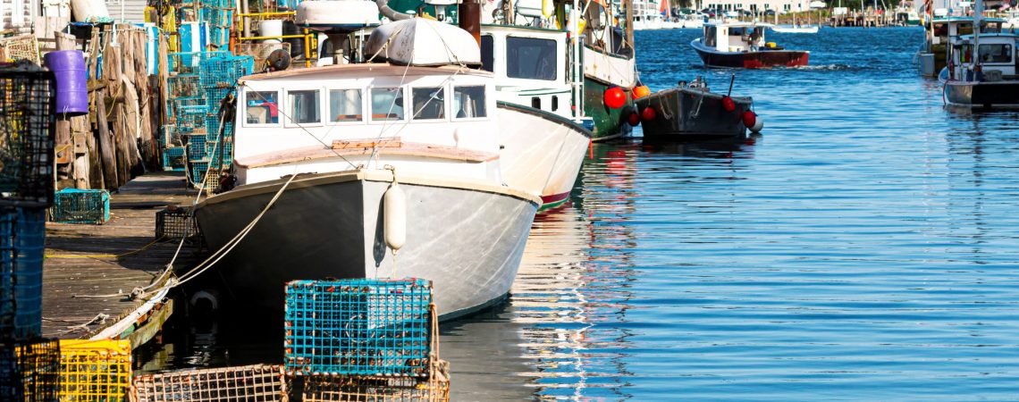 Lobster,Fishing,Boats,Docked,Behind,Stores,In,A,Canal,In Portland Harbor